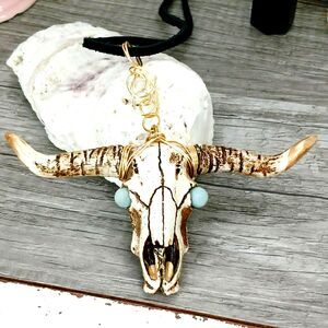 Boho Chic Statement Longhorn Necklace, Amazonite Gemstone Crystal Western 16"